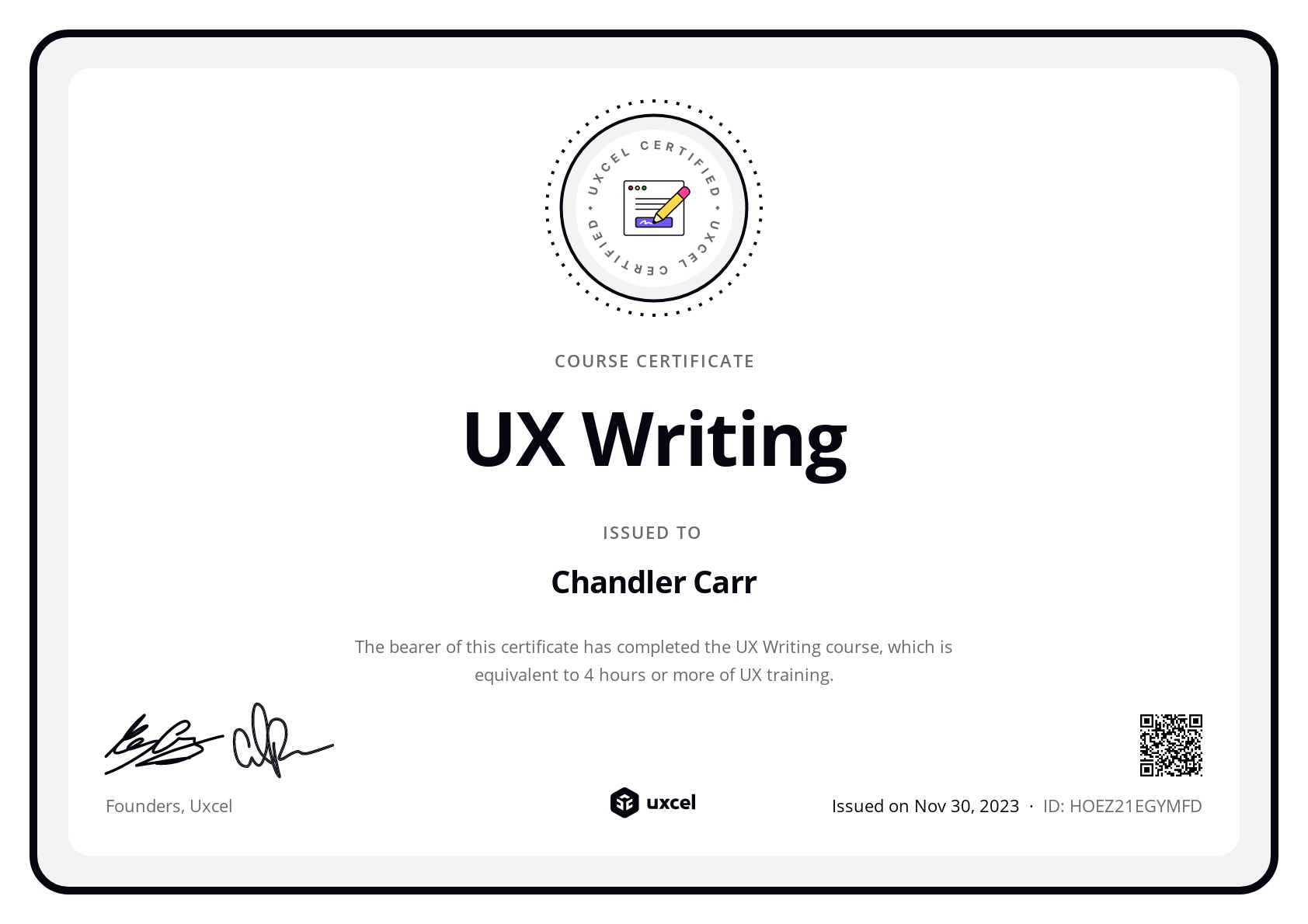 Chandler Carr's certificate